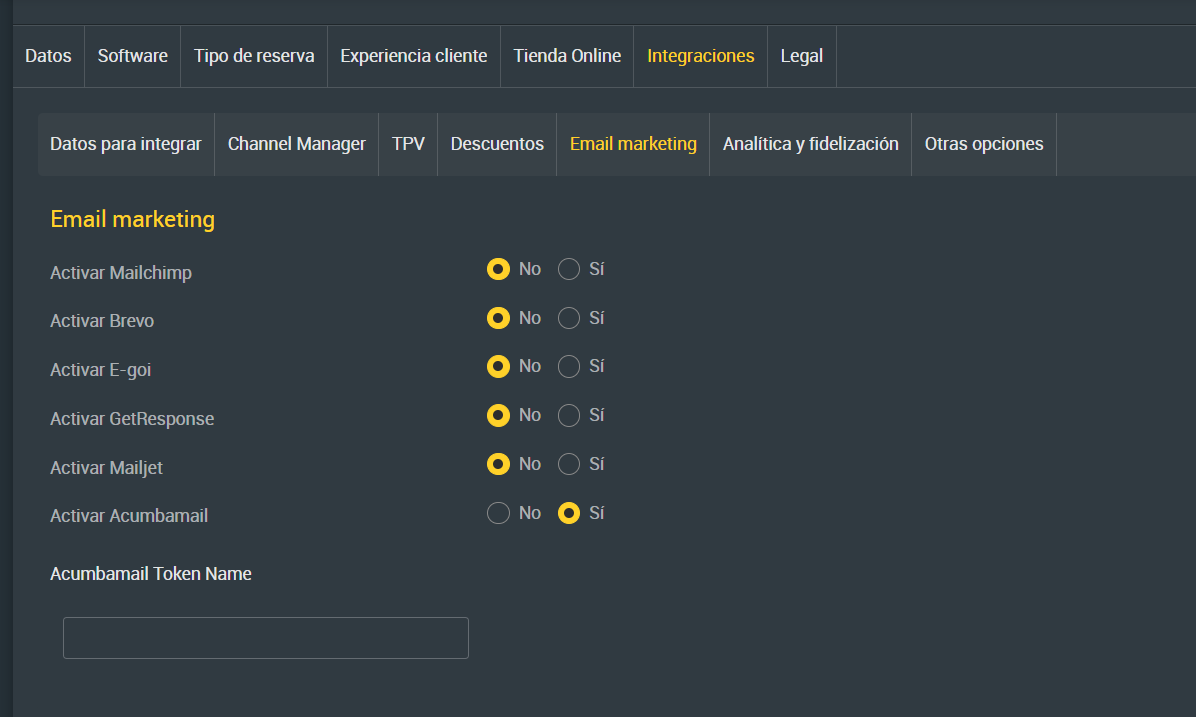 CAPTURA: pestaña Email marketing del panel de CoverManager con la opción