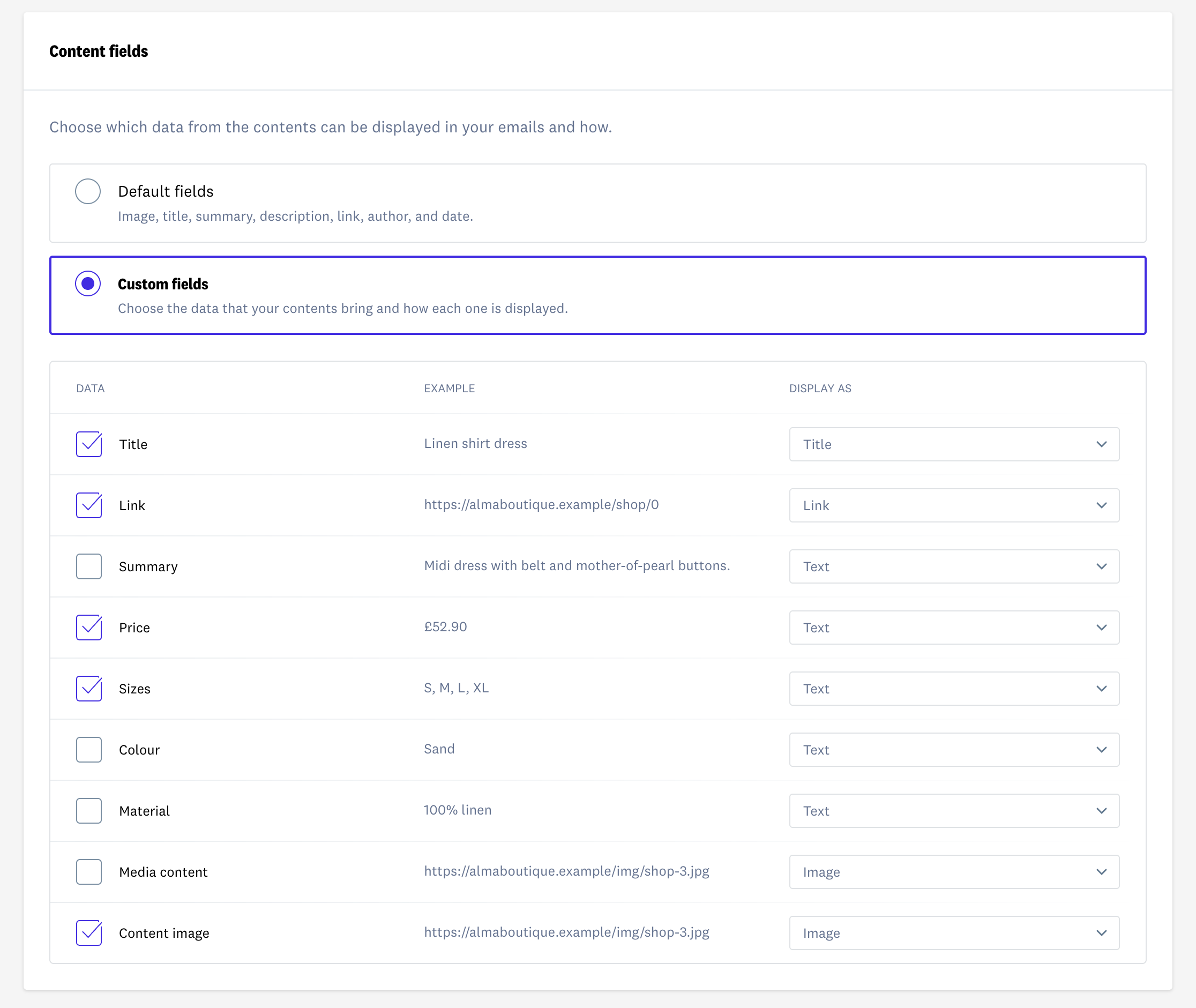 Content fields with custom fields
