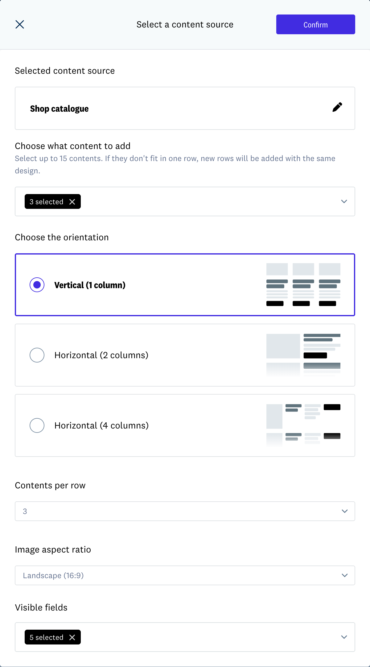 Choose contents, orientation, image aspect ratio and visible fields