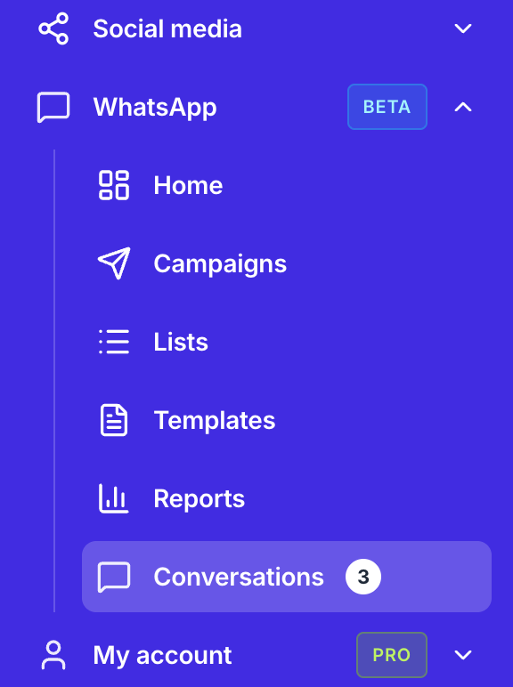 WhatsApp menu with the Conversations option and unread counter