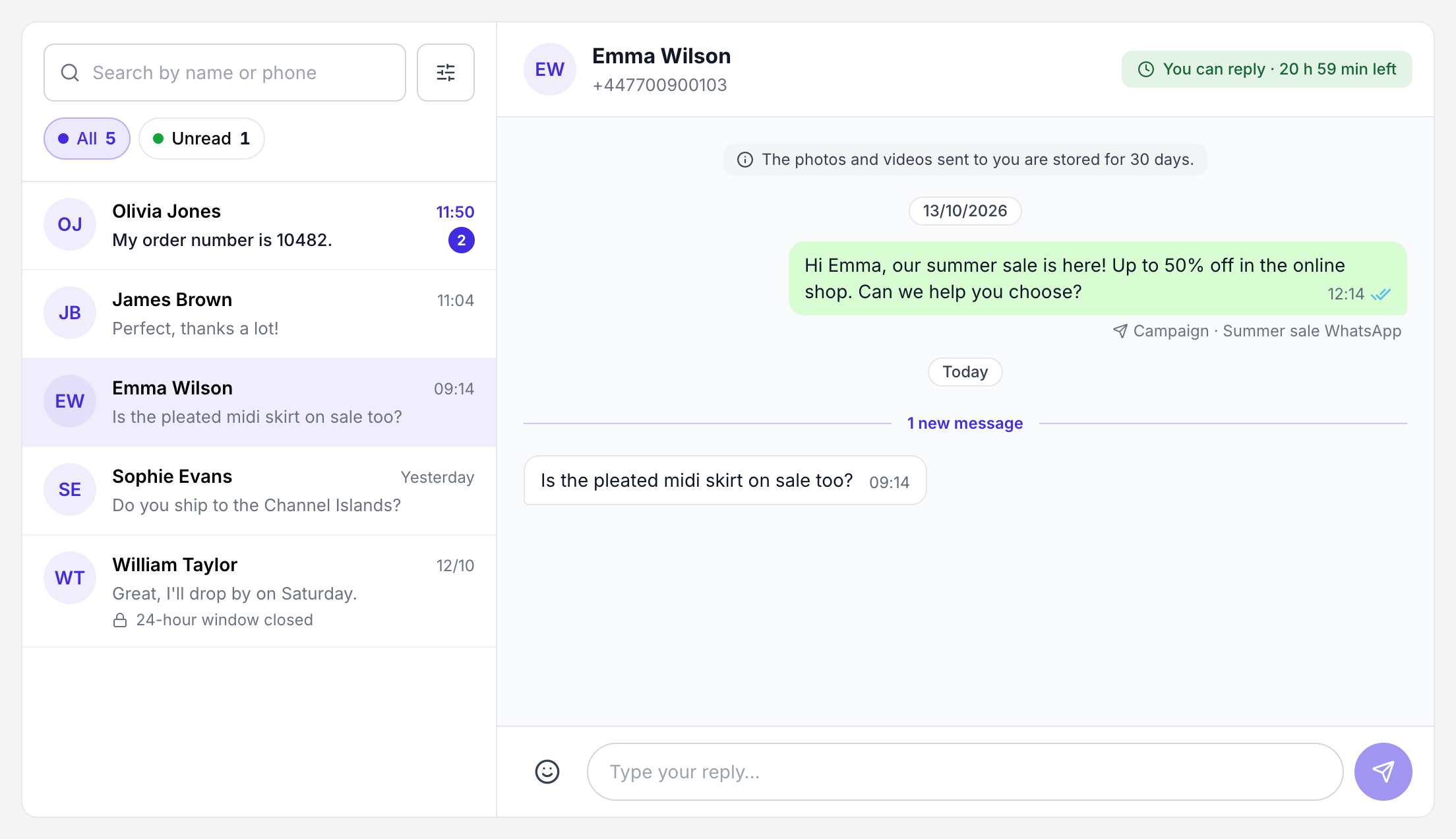 Inbox with the conversation list and an open chat