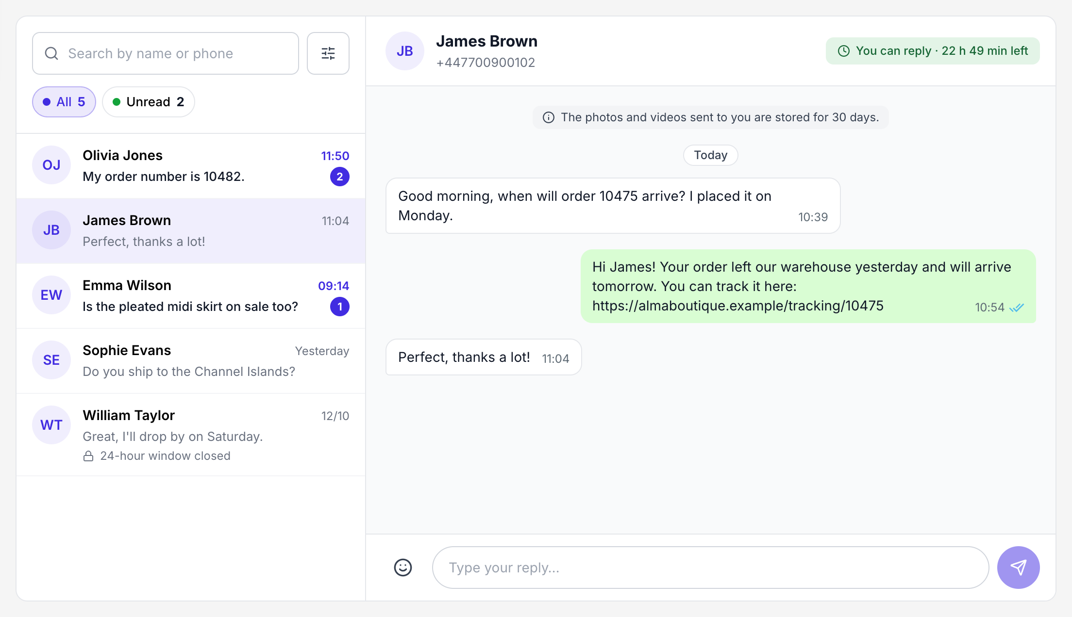Chat with the reply box and a sent message