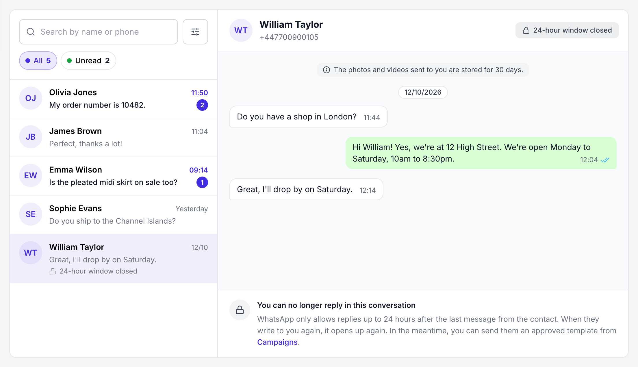 24-hour window closed notice in the chat