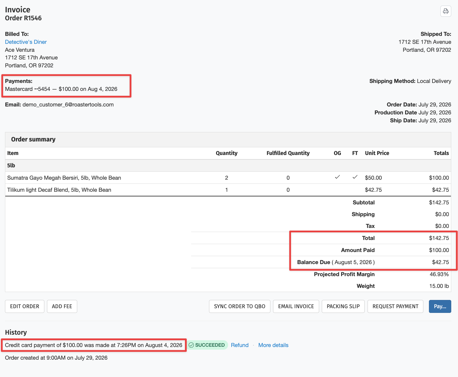 Partially paid order showing the remaining balance