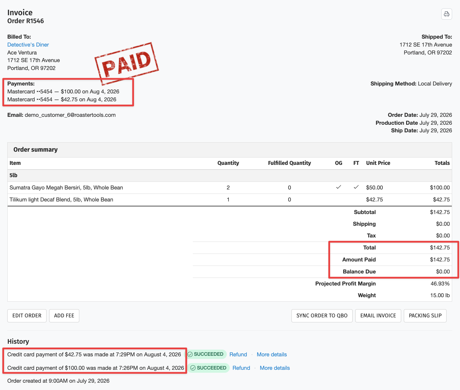 Order payments section showing multiple partial payments