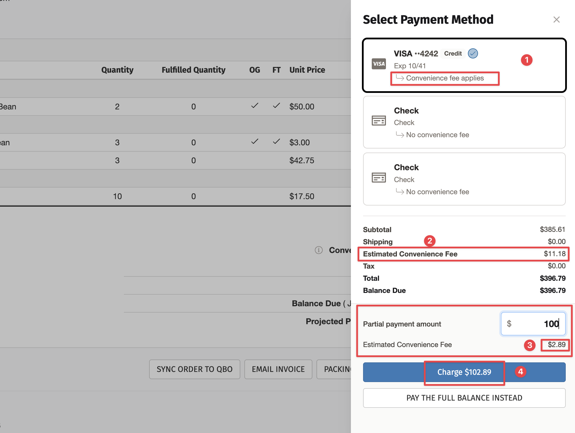 Convenience fee calculation for a partial credit card payment