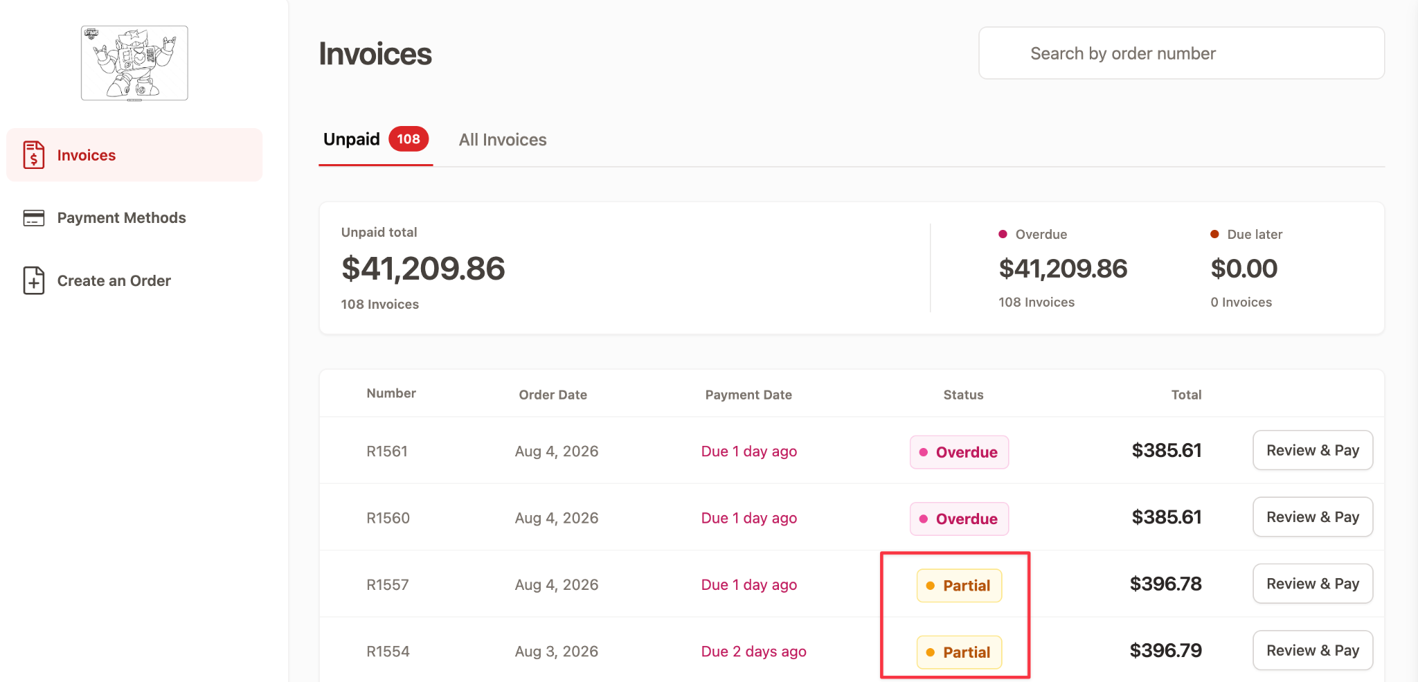 Wholesale portal invoice list showing Partial payment status