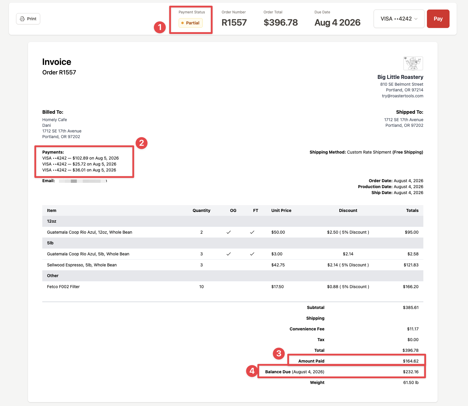 Wholesale portal invoice showing payments and the remaining balance