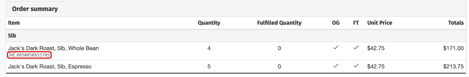 An invoice line with the UPC printed under the item name