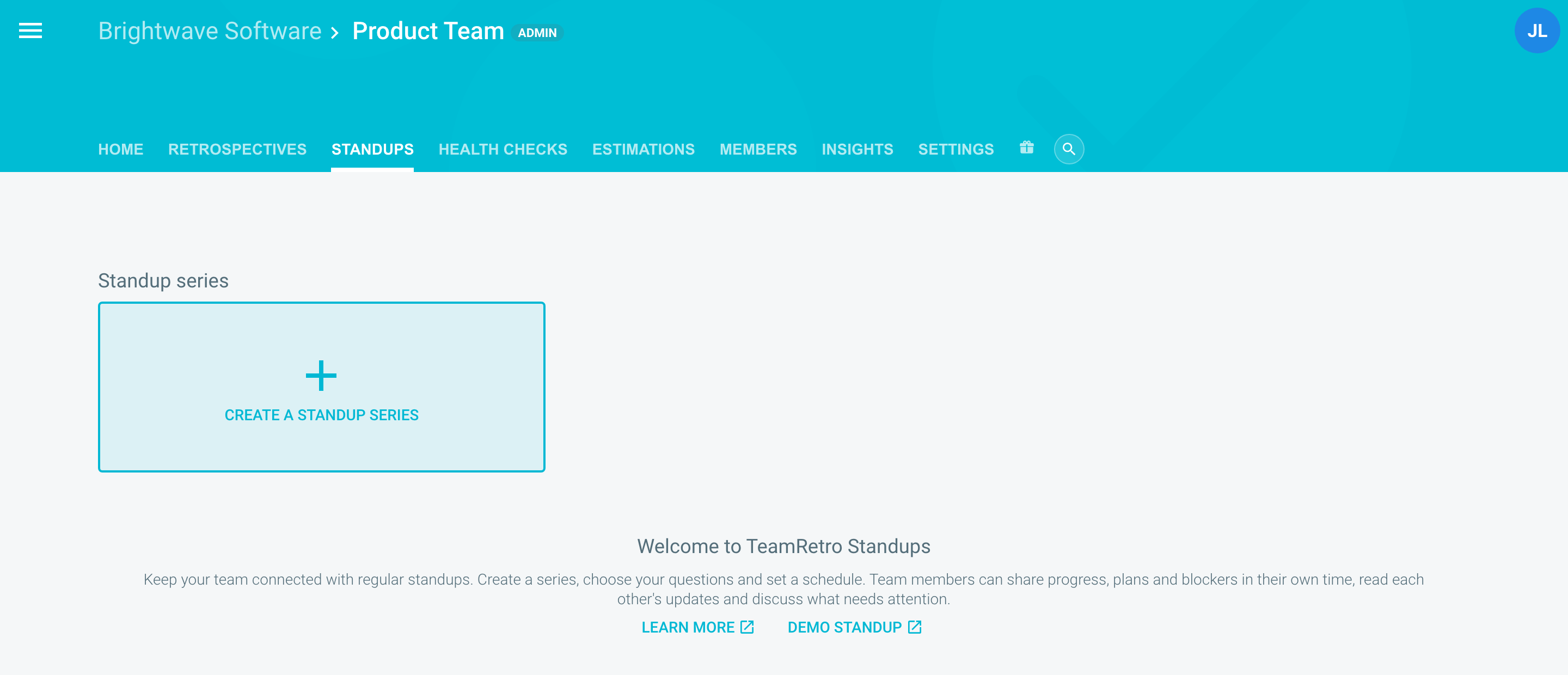 The Standups tab with the Create a standup series button