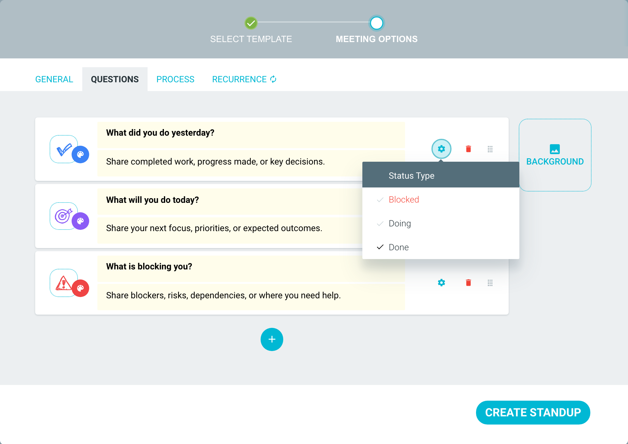 The Questions tab with the Status Type menu open