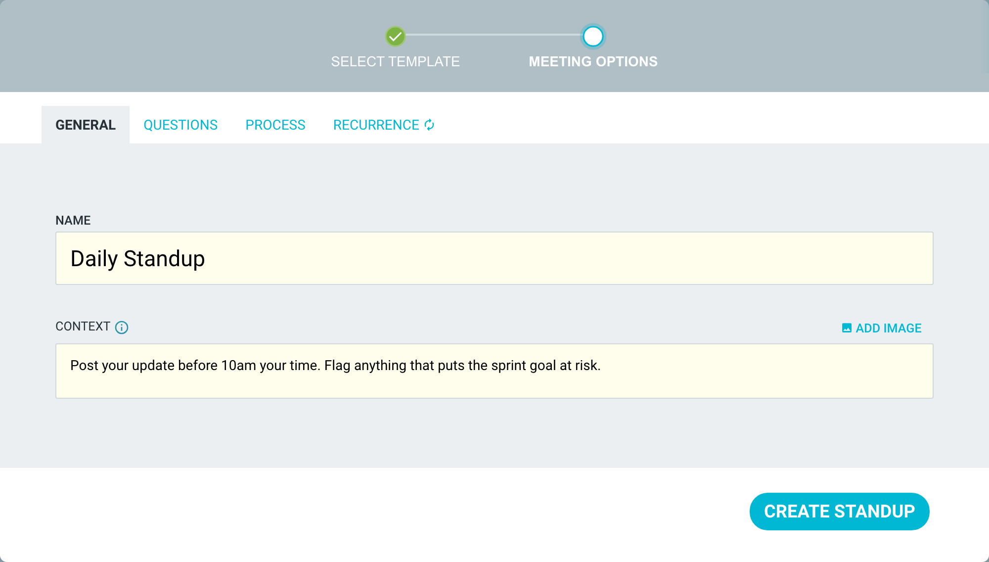 The General tab with the Name and Context fields and Add image