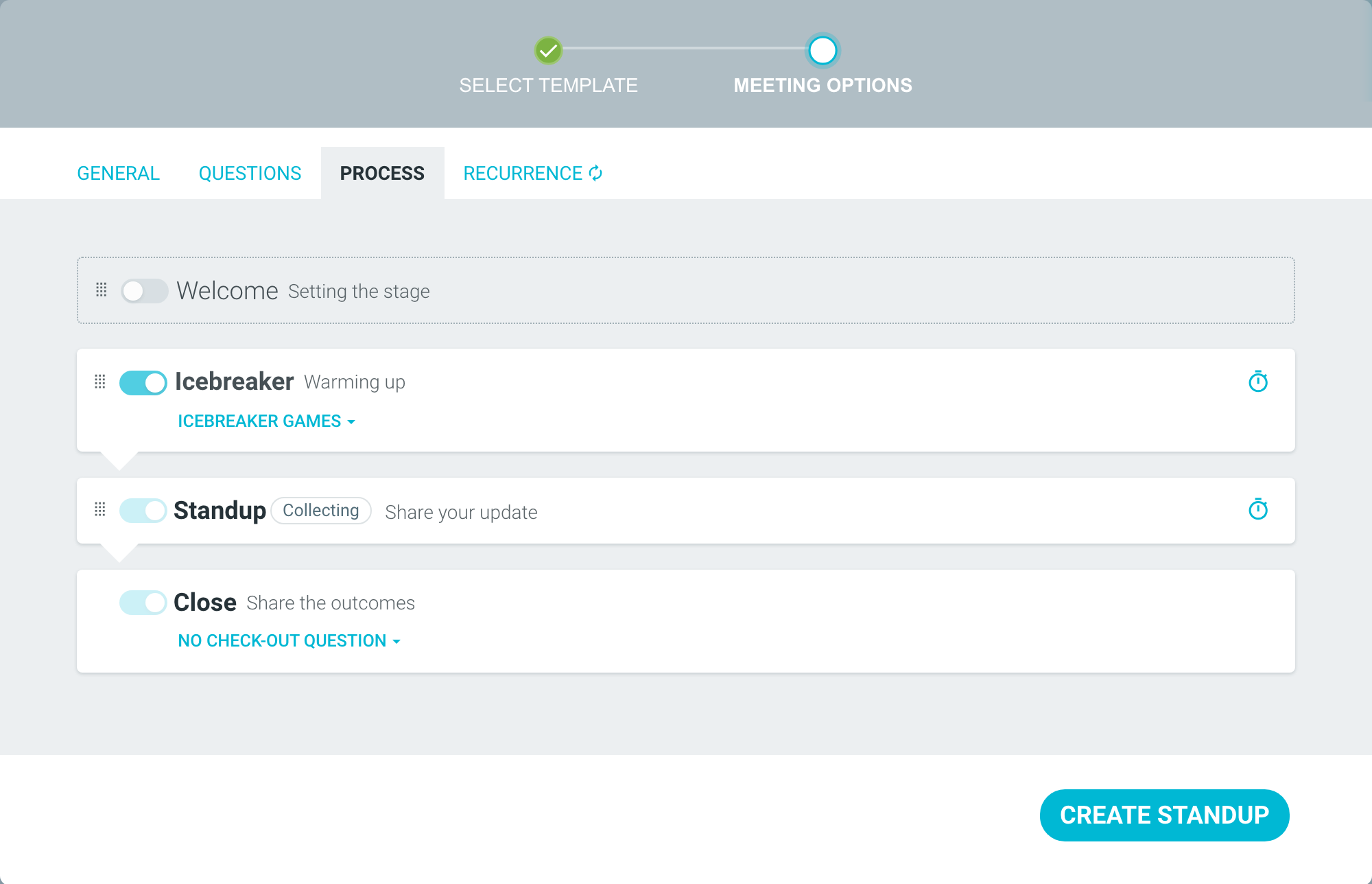 The Process tab with Welcome off, Icebreaker on, and Standup and Close locked on