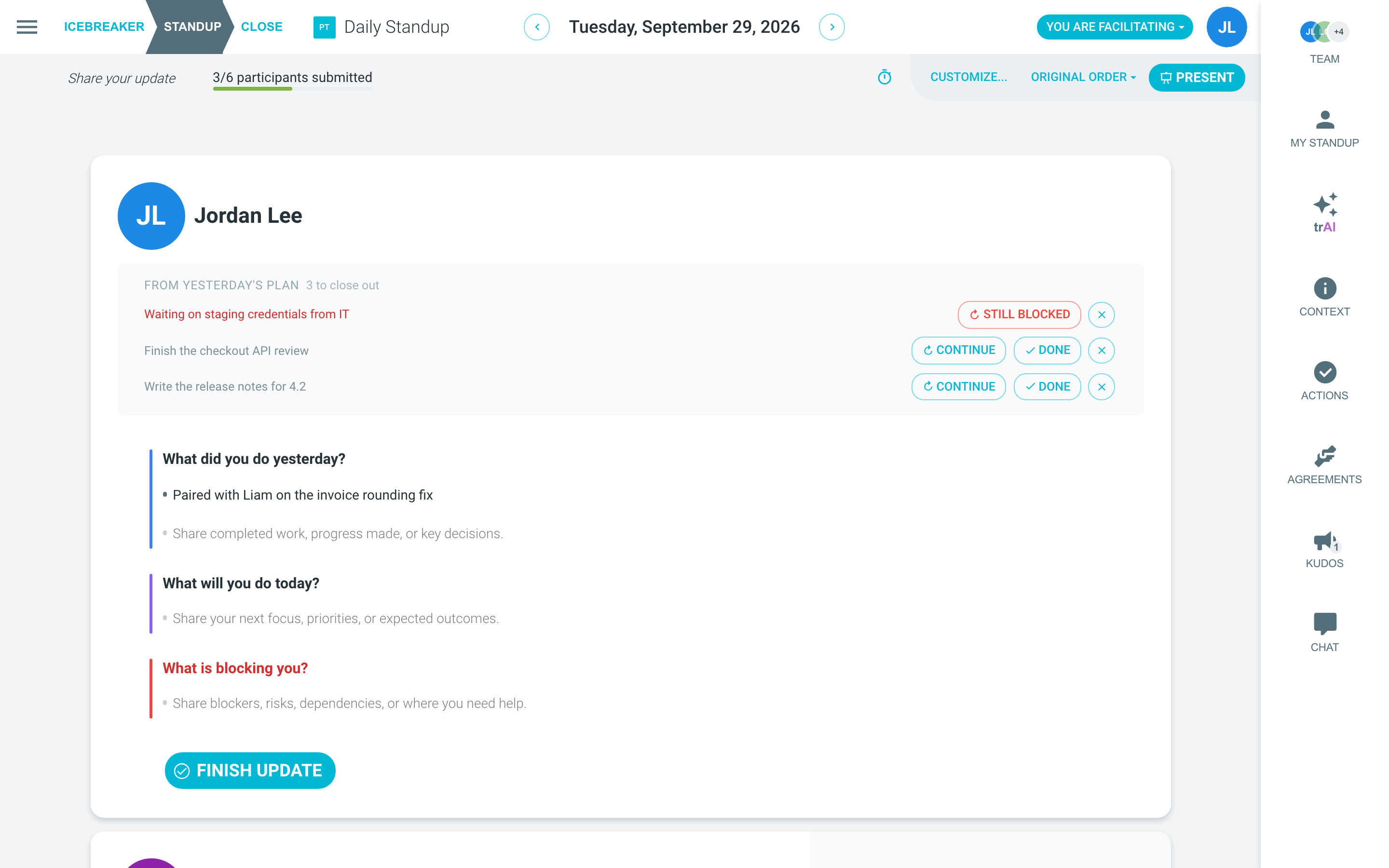 The top of a standup while you facilitate, with the steps, You are facilitating, Customize, the sort menu and Present