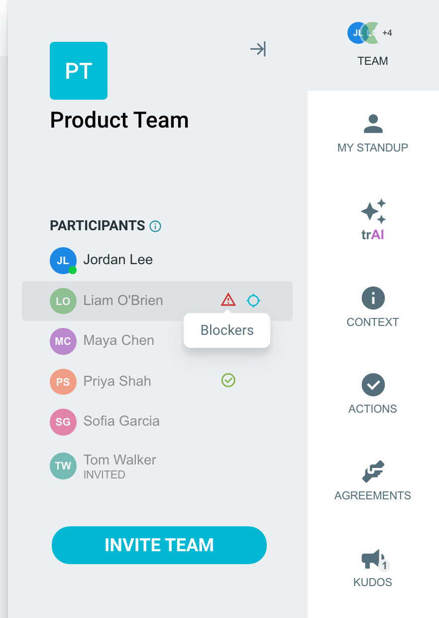 The Team pane with Submitted checks, a Blockers icon and the View updates icon