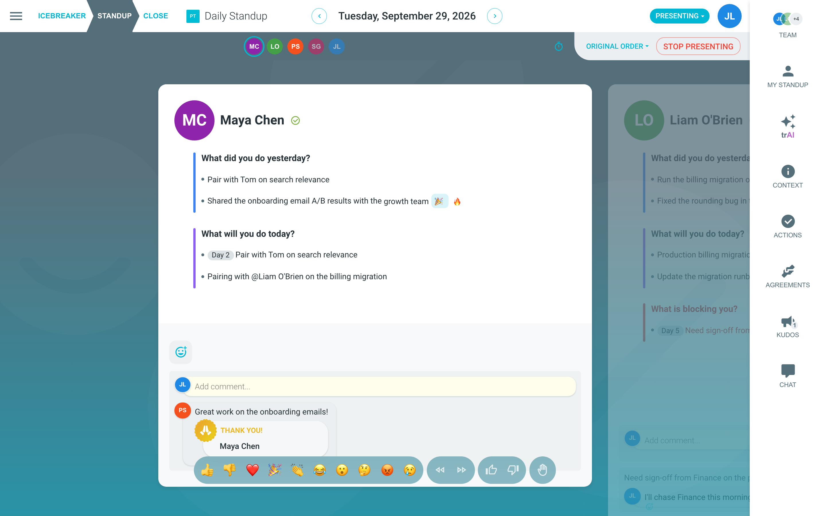 Presenting one person's card, with participant navigation and the live reaction bar