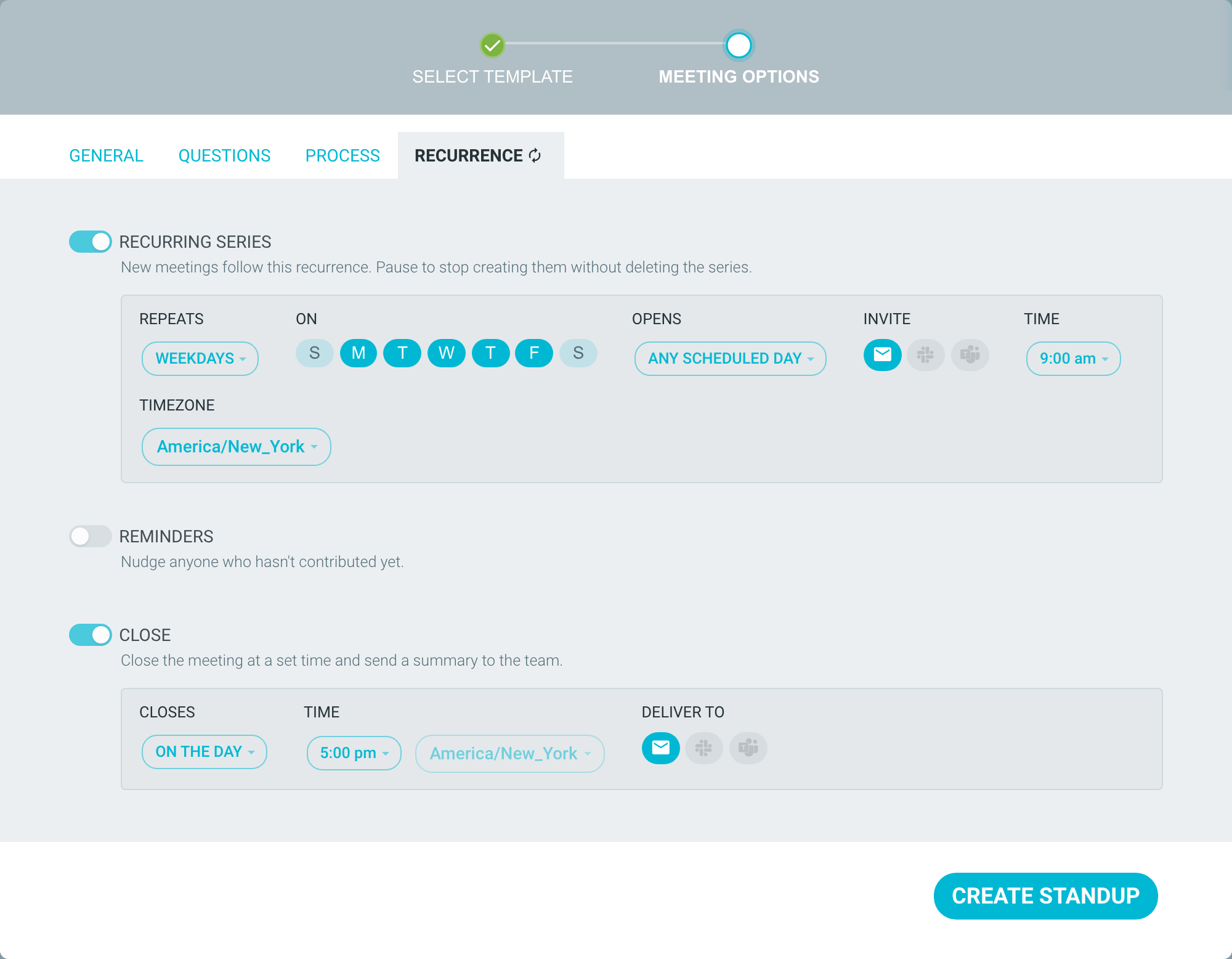 The Recurrence tab with Recurring Series on, Repeats set to Weekdays and Opens set to Any scheduled day