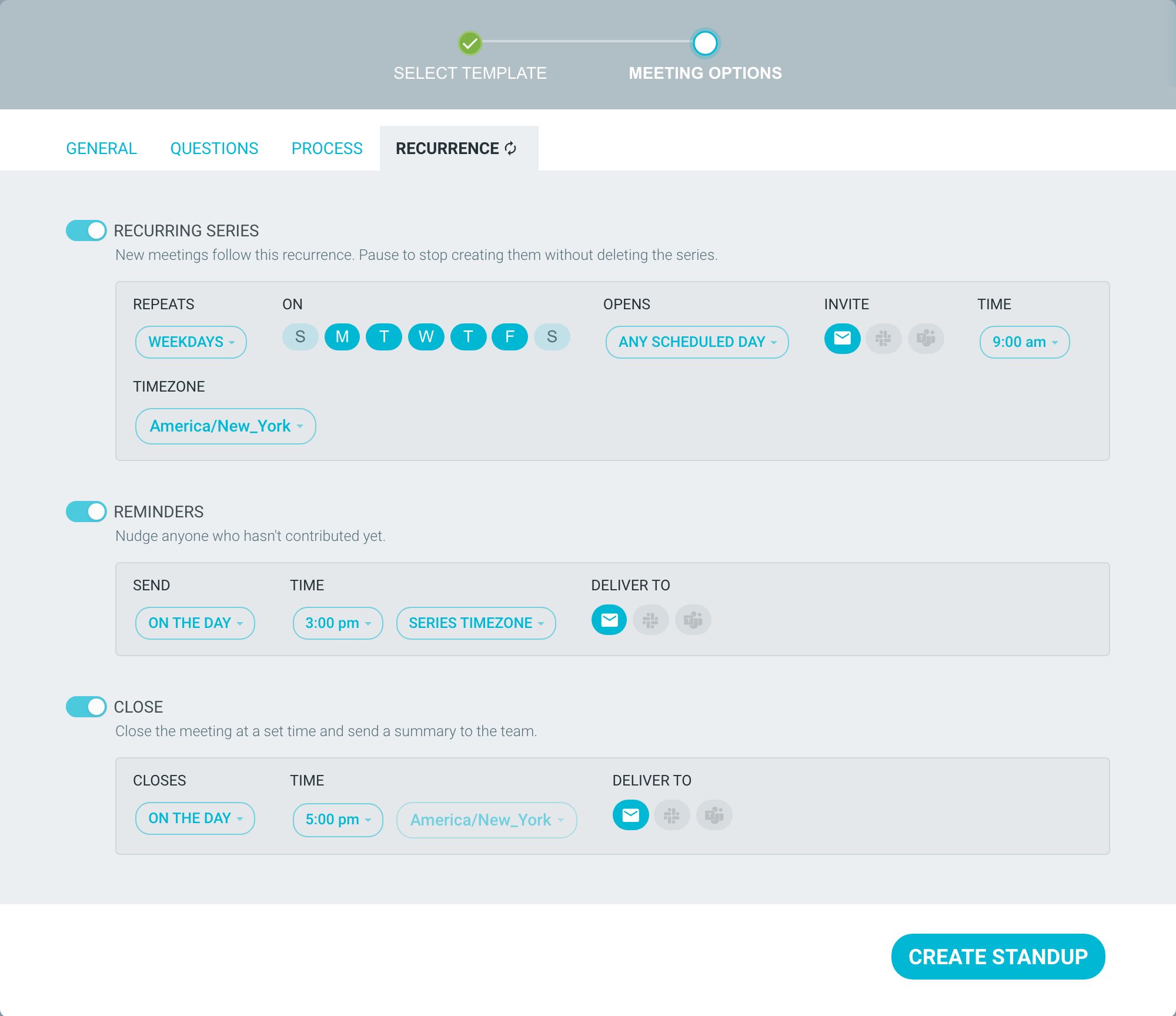 The Recurrence tab with Reminders switched on, showing the Invite, Reminders and Close settings