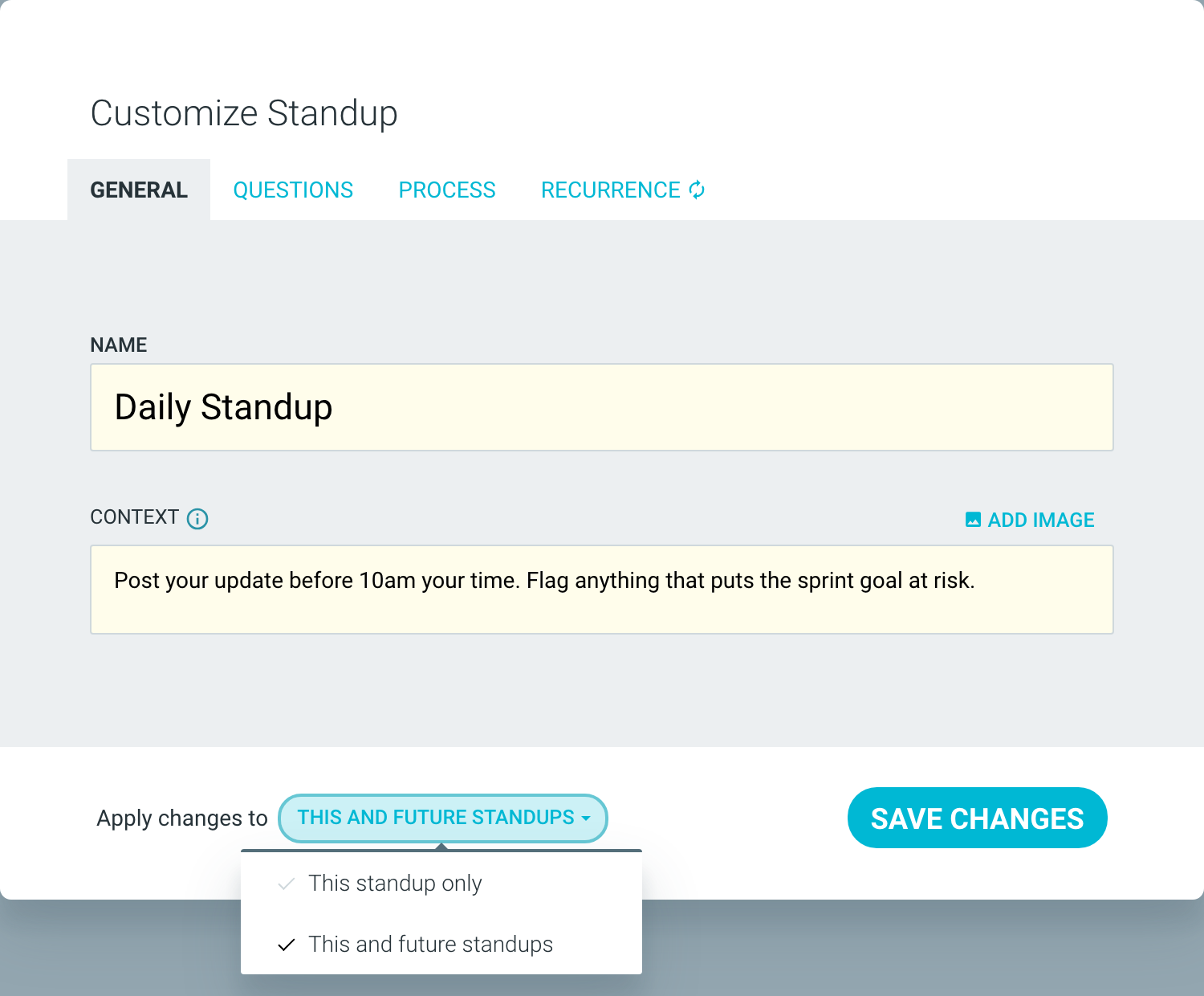 The Apply changes to menu with This standup only and This and future standups