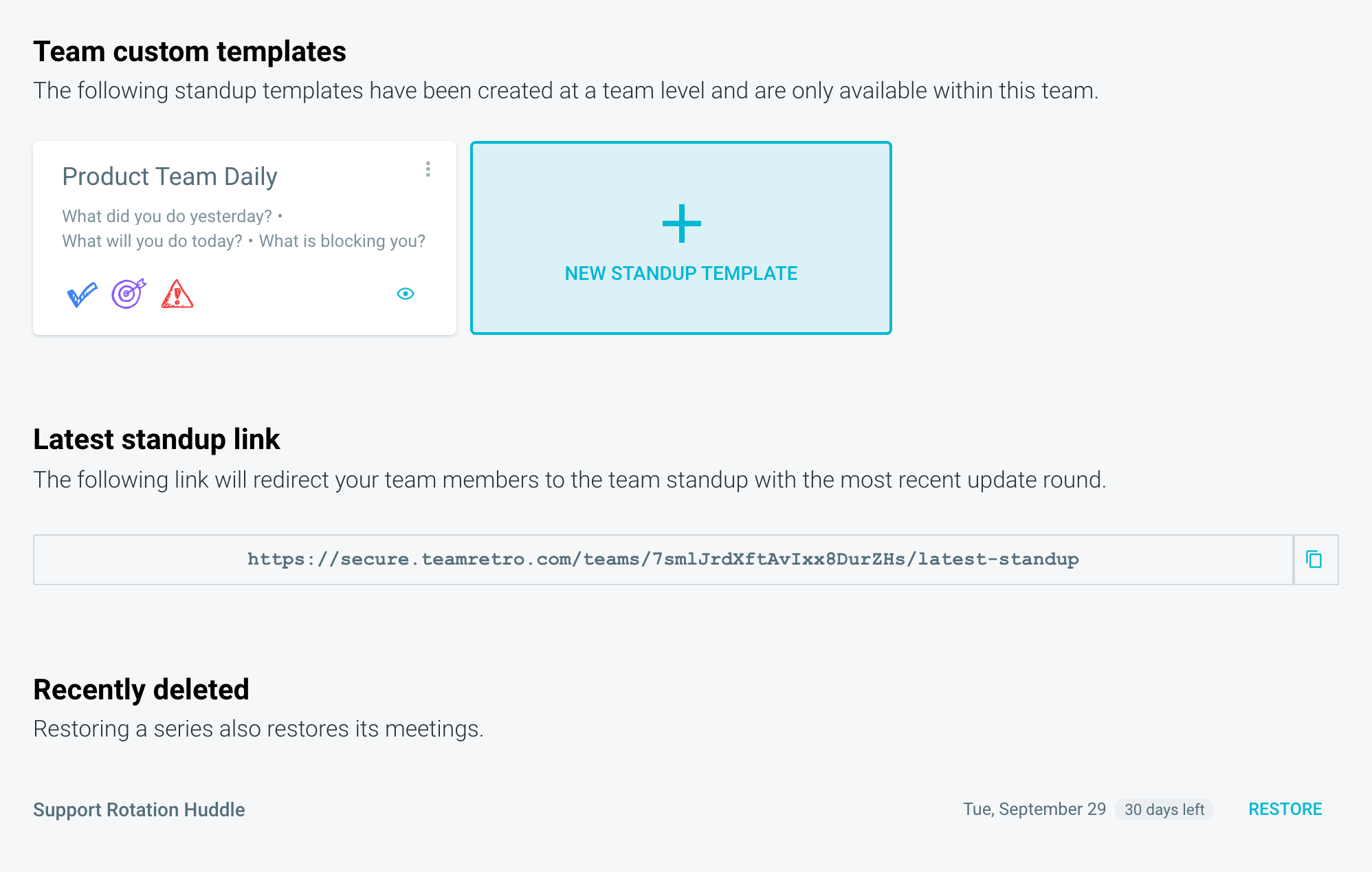 The Standups page in Team Settings, with a deleted series and its Restore button under Recently deleted