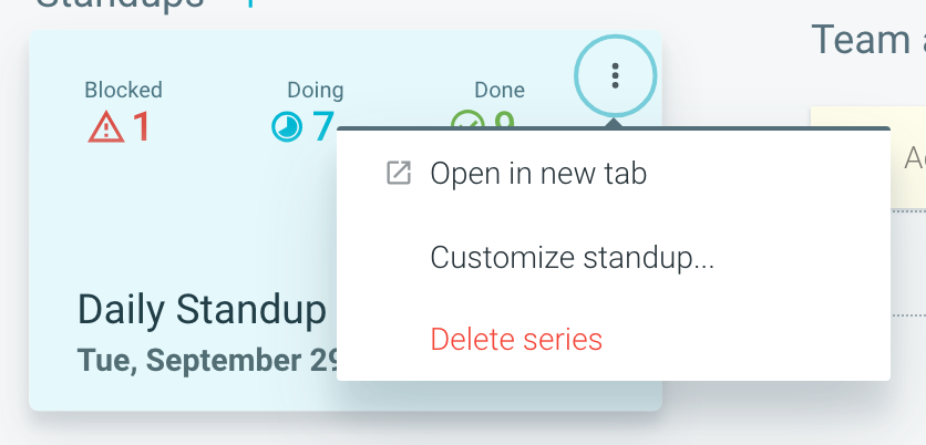 The standup card menu with Open in new tab, Customize standup and Delete series