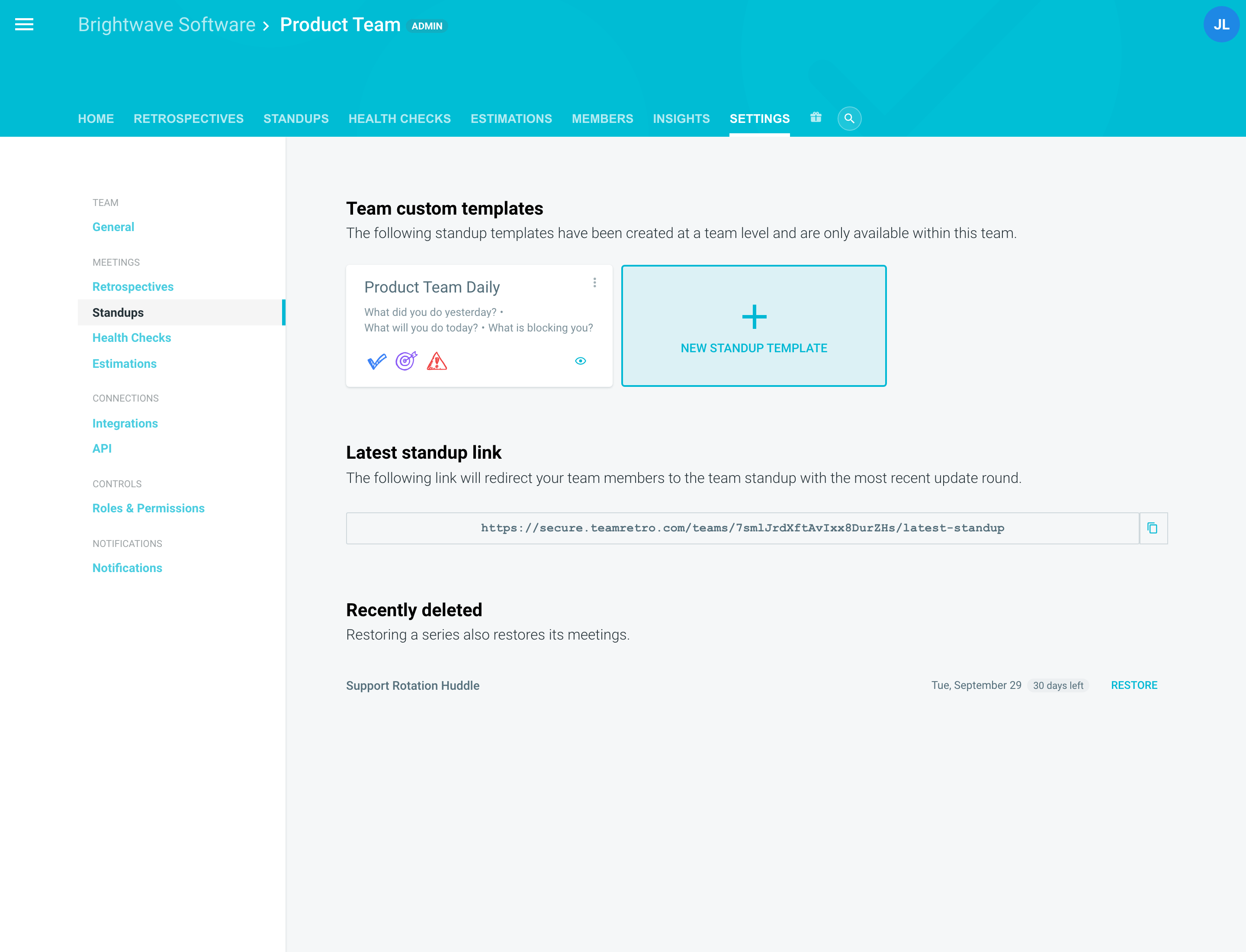 Team Settings with Standups selected, showing Team custom templates and New standup template