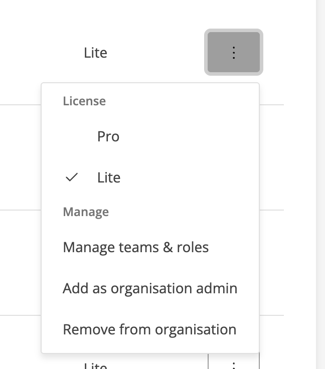 Team member options on organisational details