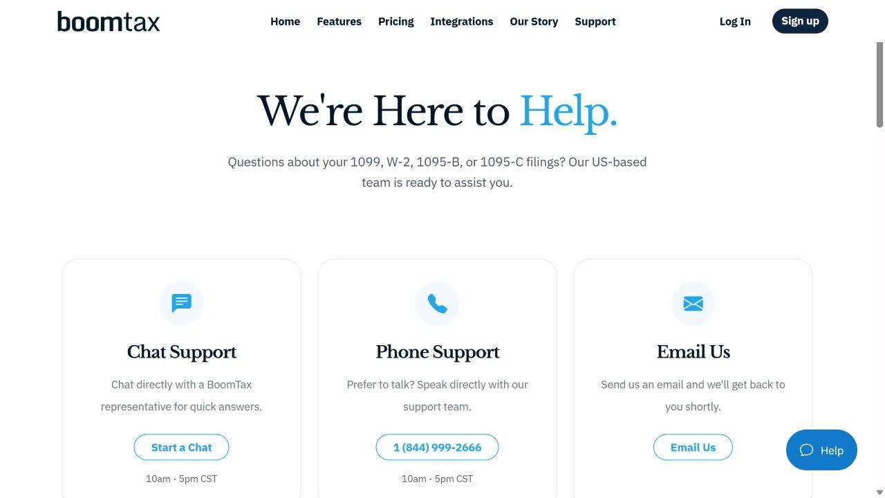 BoomTax Contact page with Start a Chat, phone support, and Email Us options.