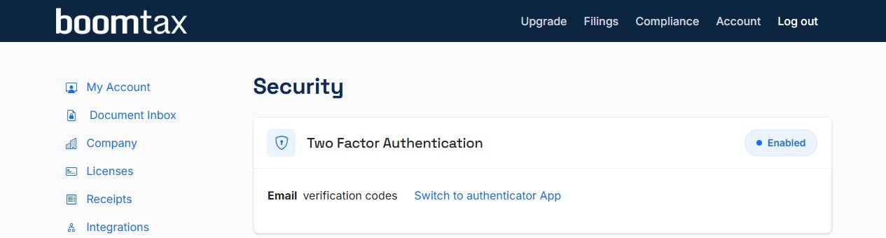 Example BoomTax Security page showing Email verification codes and Switch to authenticator App.