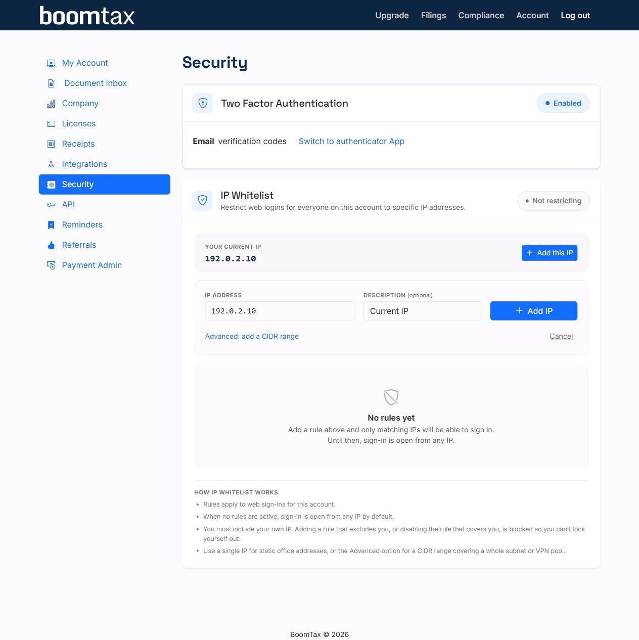 Example BoomTax IP Whitelist screen showing Add this IP and the expanded Add IP form.