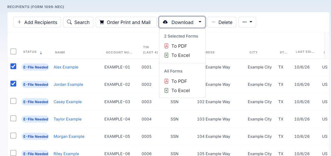 Example BoomTax screenshot showing two synthetic forms checked and the Download menu with separate To Excel options beneath 2 Selected Forms and All Forms.