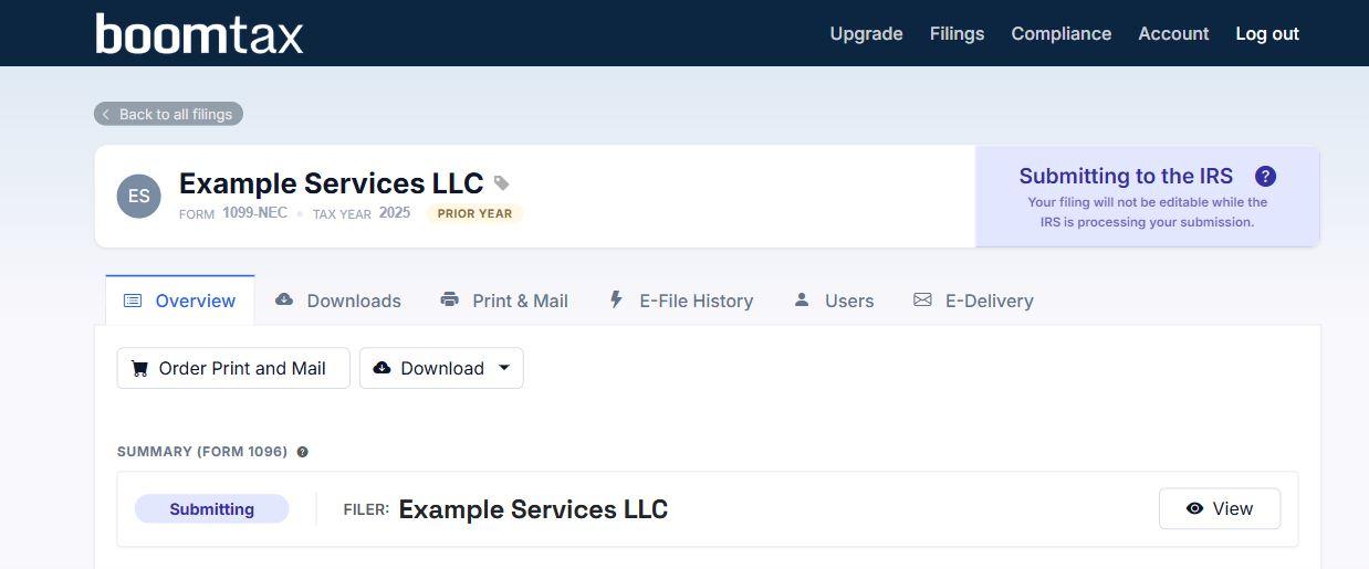 Example BoomTax filing screen showing Submitting to the IRS and the message that the filing is not editable during processing.