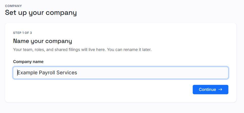 Company setup page with the Company name field and Continue button.