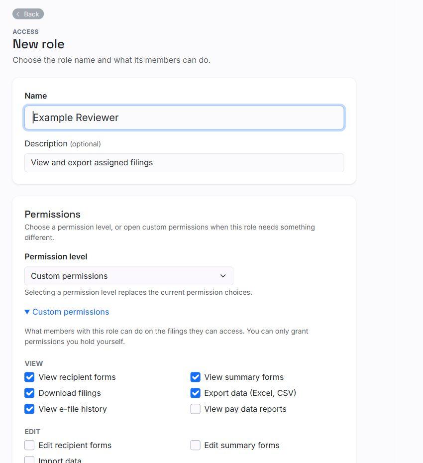 New role page with name, permission level, and individual custom permissions.
