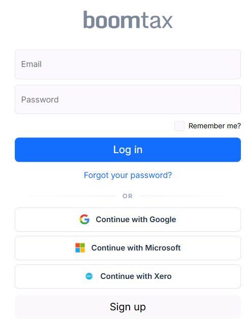 BoomTax login form with Continue with Google, Continue with Microsoft, and Continue with Xero.