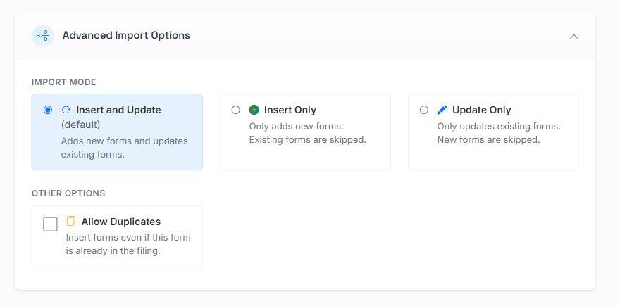 Example Advanced Import Options showing the Allow Duplicates checkbox and import modes.