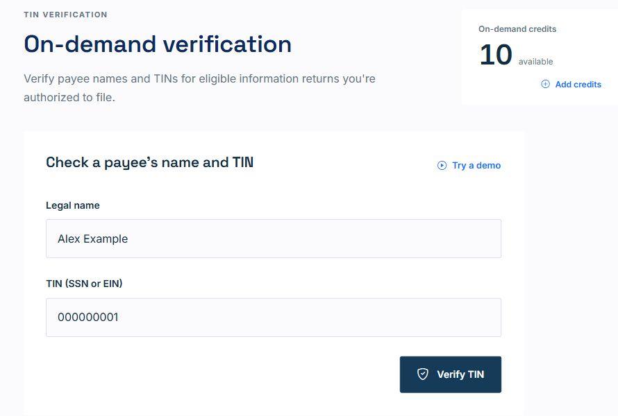 Example Compliance on-demand verification screen with Legal name and TIN fields and Verify TIN button.