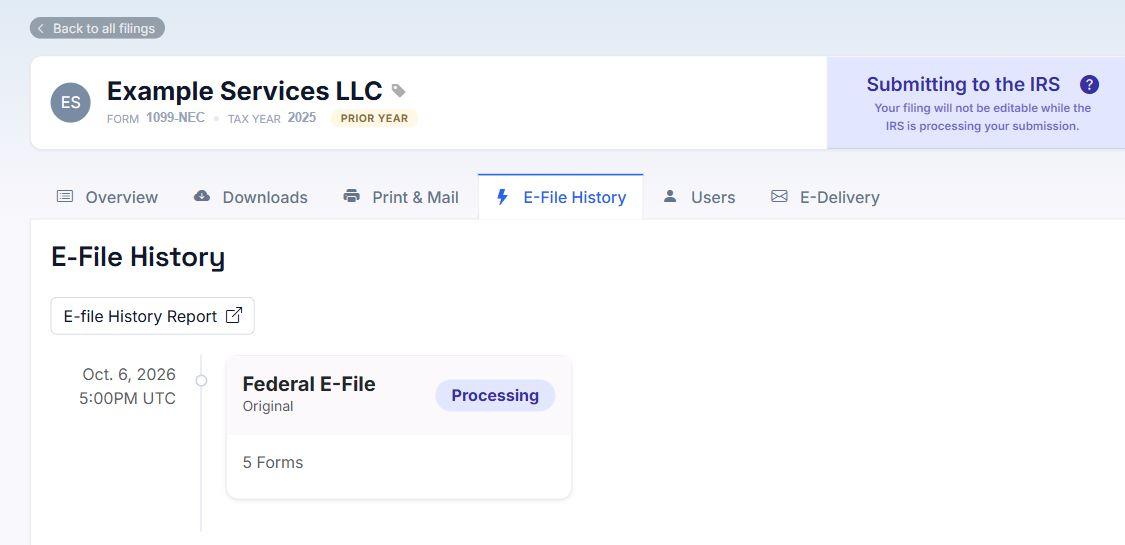 Example E-File History screen showing a federal request with Processing status and five forms.