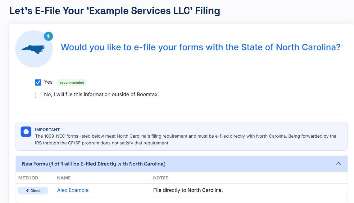 Example eligible 1099 state step with the North Carolina direct-submission Yes and No choices and one fictional direct-file form.