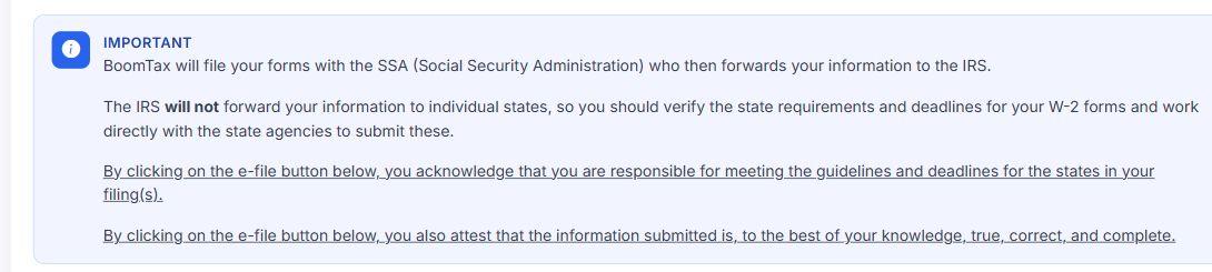 Example W-2 final-review screen with the actual Important notice explaining that state filing must be arranged separately.