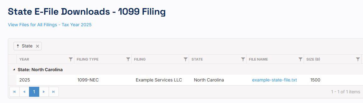 Example state e-file download listing with Year, Filing Type, Filing, State, File Name and Size columns.
