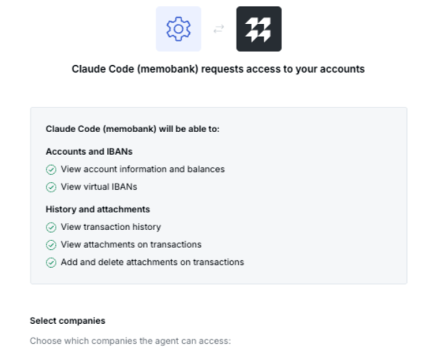The Memo Bank consent screen listing the workspaces the user is authorising