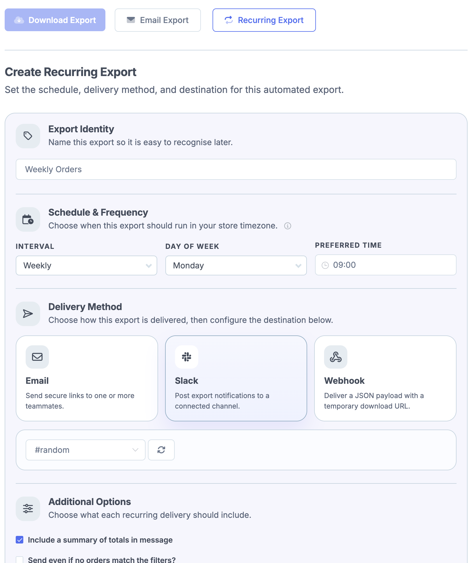 Recurring export form