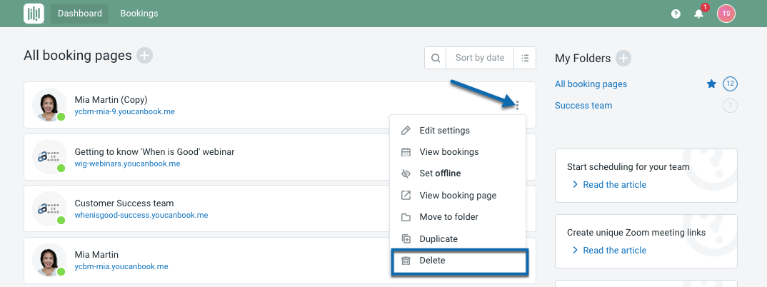 Delete a booking page - YouCanBookMe Support