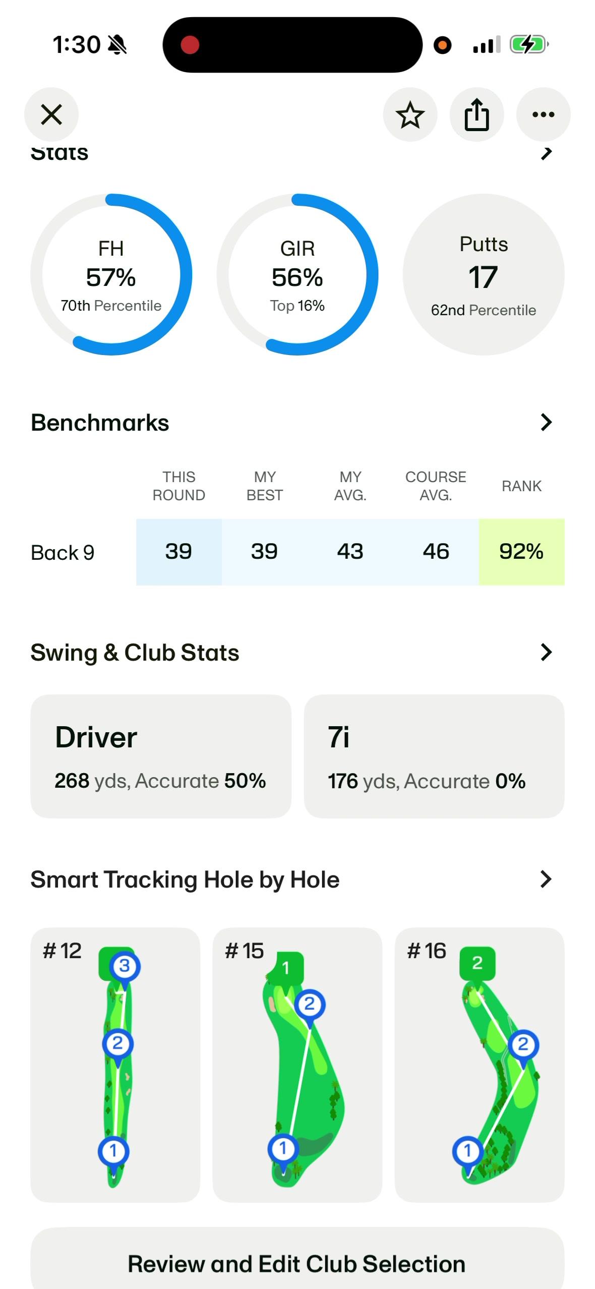 Open Swing & Club Stats from the round summary.