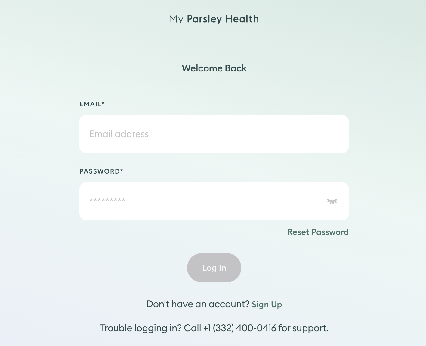 The login page of my.parsleyhealth.com. The fields for email and password are blank. On the right-hand side, just below the password field is the Reset Password link in dark green text. 