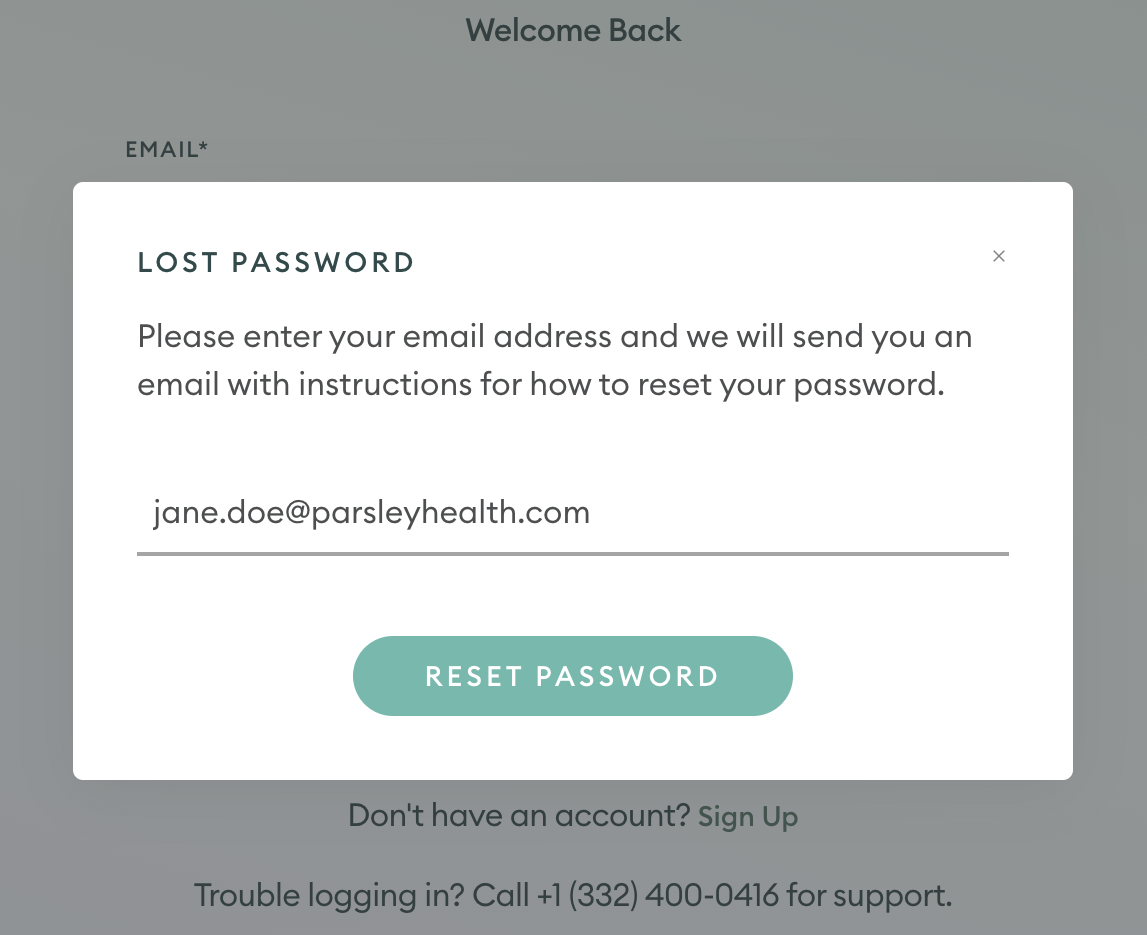 A pop up box indicating the user should enter their email address to receive an email with instructions to reset their password.