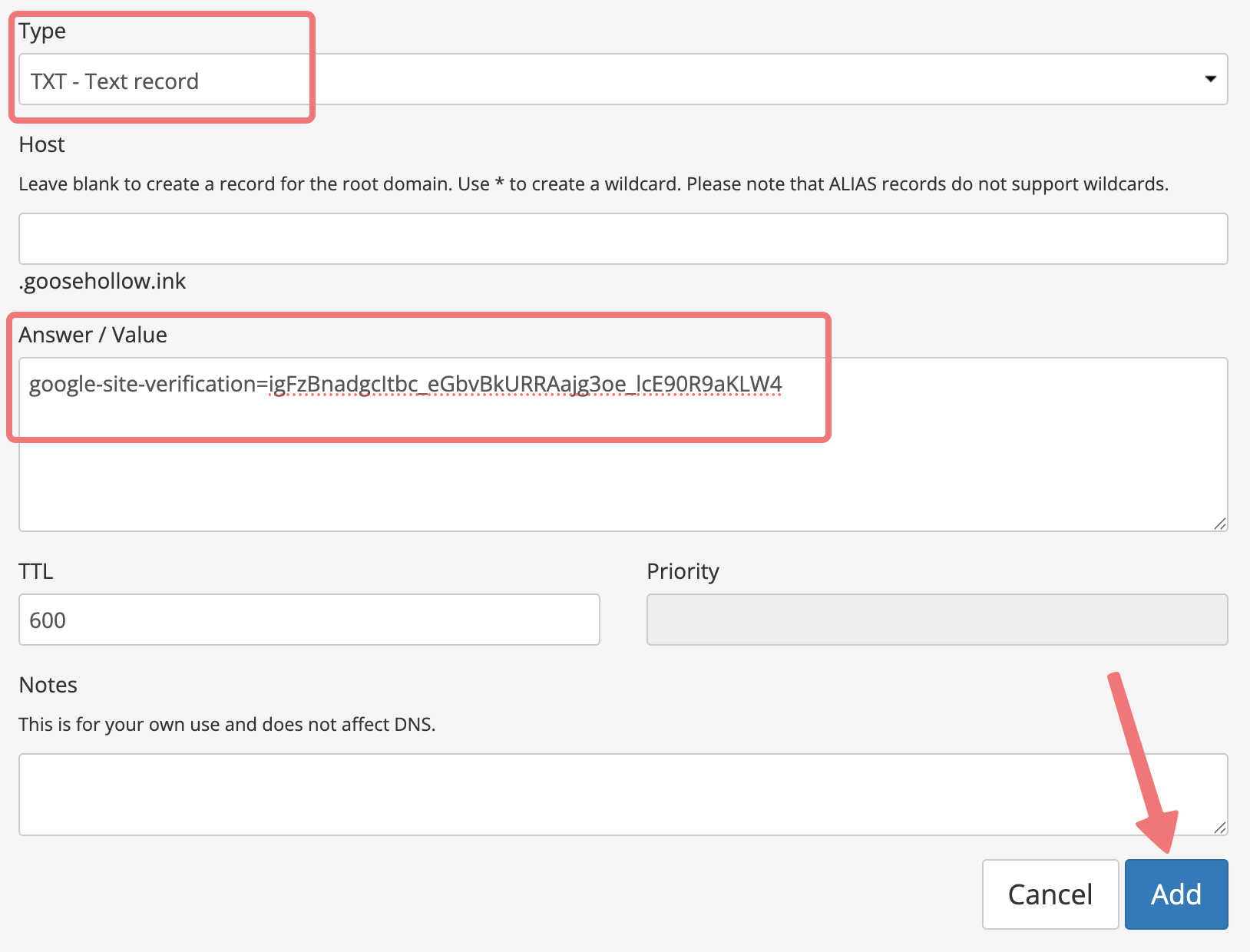 TXT verification record example on Porkbun