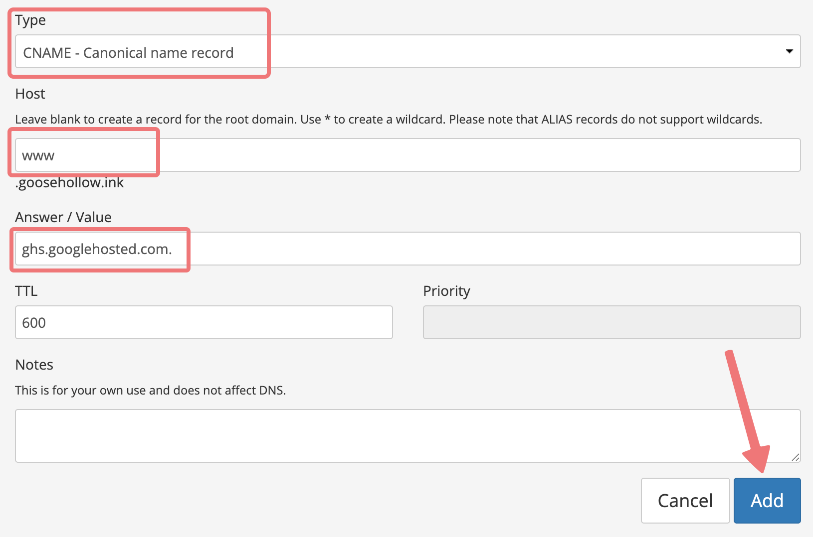 CNAME verification record example on Porkbun
