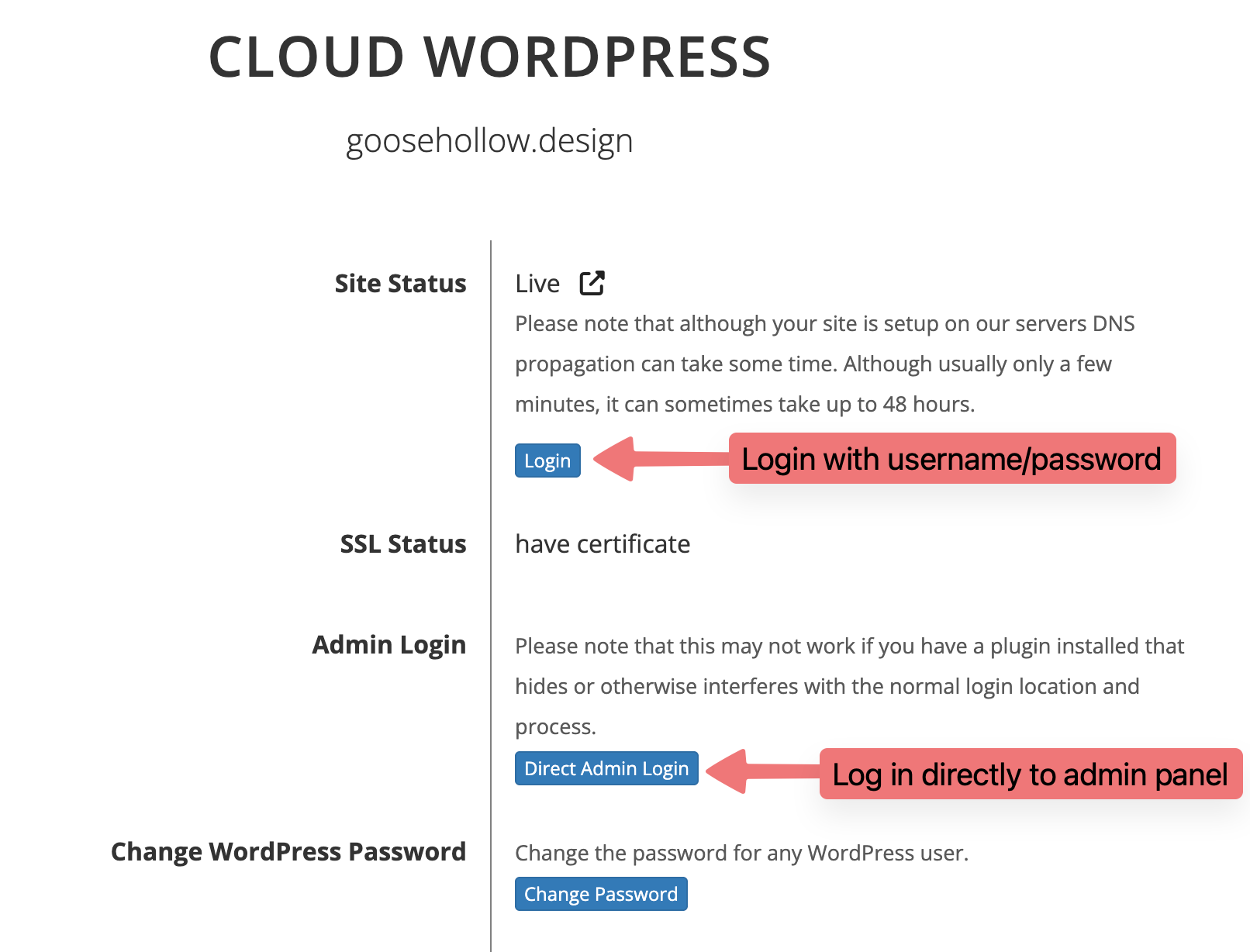 Cloud WordPress hosting page options